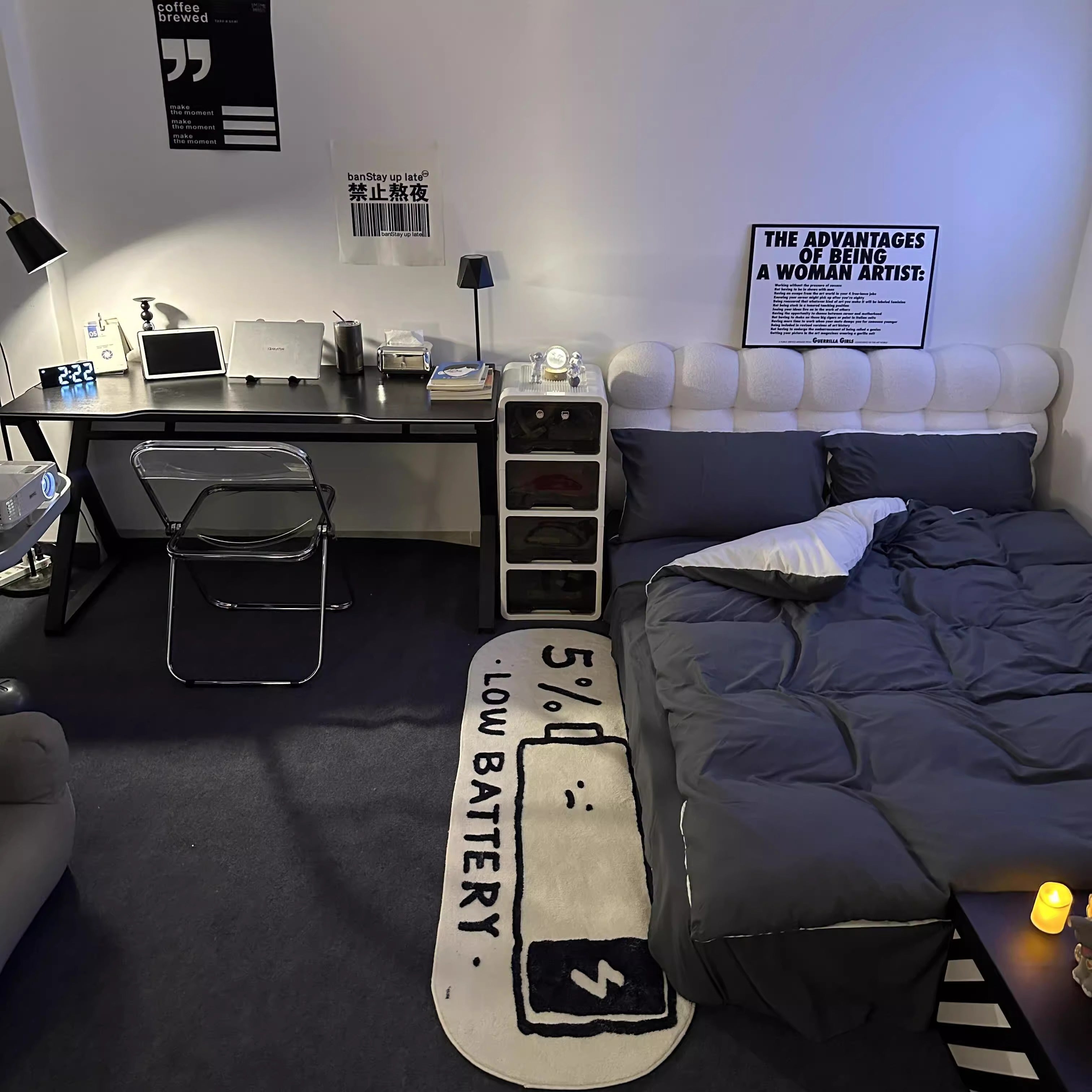 Black White Letter Plush Rug Low Battery Design Soft Mat for Bedroom or Lounge