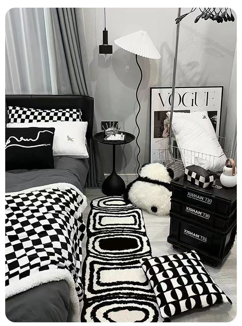 Checkered Black White Rug Vintage Checker Style Bedside or Living Room Carpet