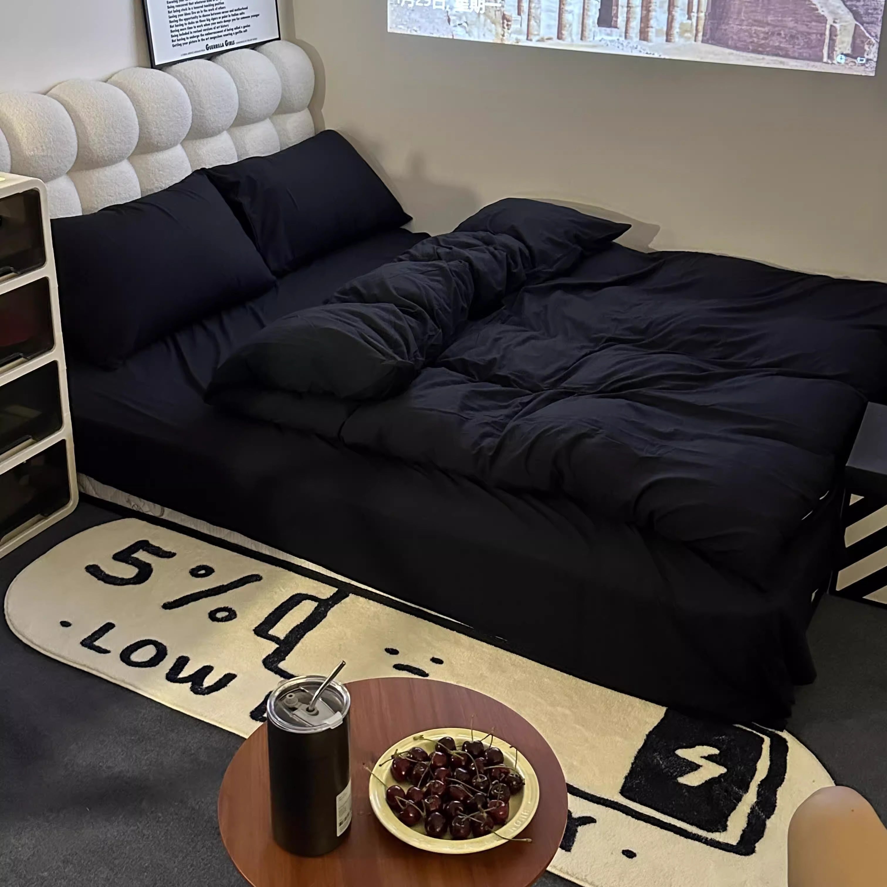 Black White Letter Plush Rug Low Battery Design Soft Mat for Bedroom or Lounge